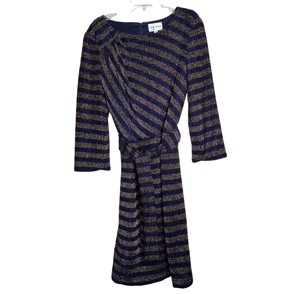 Lily & Taylor Navy Gold Metallic Striped Sheath Dress Womens Size 12 Made in USA